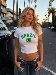 Women's White Brazil Flag Cropped Short Sleeve Round Neck T-Shirt, Perfect Choice For Summer Outfits - White - View 3
