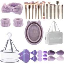 40 pcs brushes Herramientas. Incluye pinceles de maquillaje, cintas para el pelo, muequeras, huevos de esponja de belleza, puffs, neceser de maquillaje y cuencos para limpiar los pPurple - Morado - Ver 2