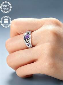 1 pezzo Anello vintage in argento sterling S925 con nodo celtico e zirconi sintetici viola incastonati, regalo essenziale per San Valentino per uso quotidiano, con scatola regalo inclusa - Argento - Visualizzare 3
