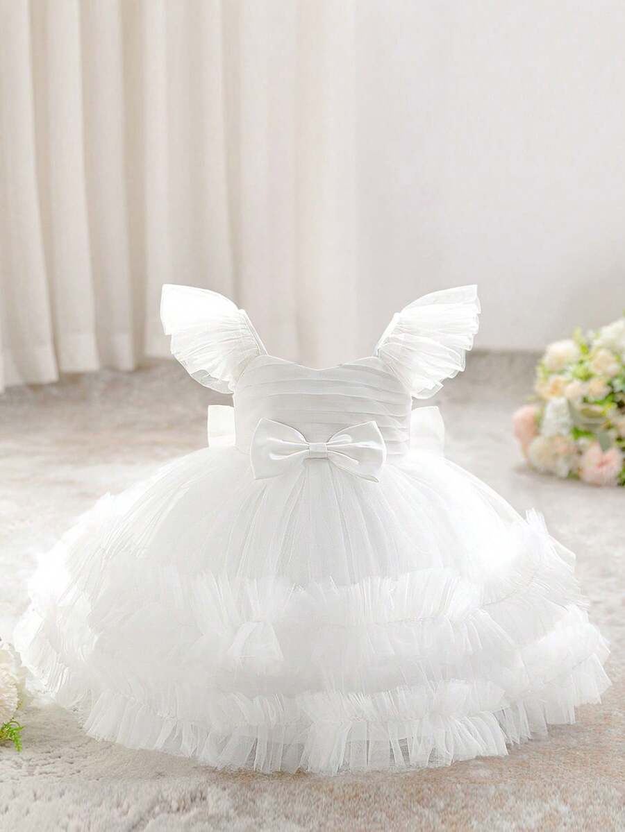 Baby Girls Bow Mesh Cute Wedding Dress Suitable For Birthday Party, Headband Not Included - White - View 1