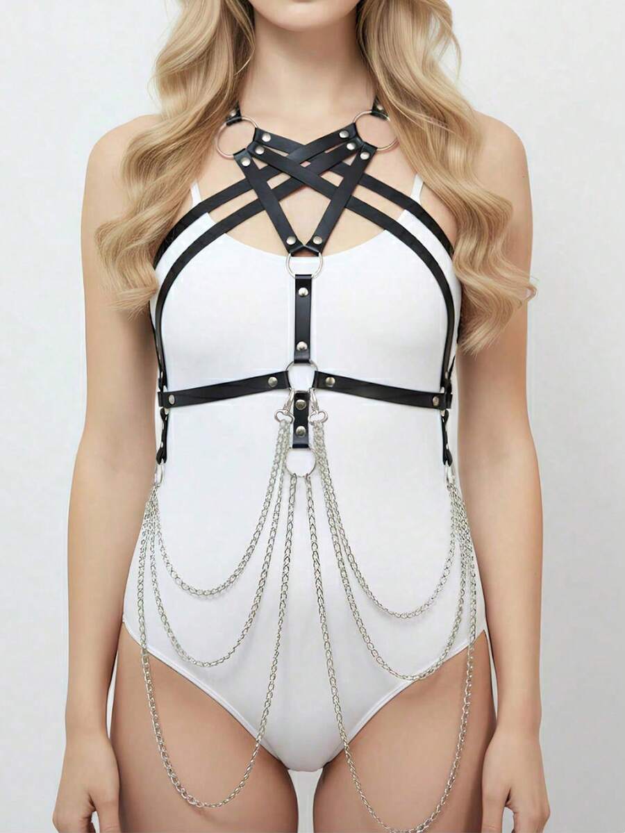 1pc Women's Black Bustier Harness With Chain Accessory, Dark Gothic Style Fashion PU Leather Straps, Suitable For Bestie Gatherings, Personalized Street Style Accessory Or Festival Rave Eye-Catching Outfit - Black - View 1