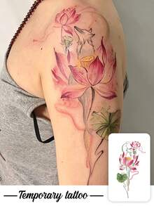 1pc Traditional Chinese Ink And Powder Pattern Lotus And Spirit Fox Temporary Tattoo Sticker, With Realistic Tattoo Design. Suitable For Travel, Music Festivals, Games, Graduation Gifts. Lasts For 3-5 Days. - Multicolor - View 1