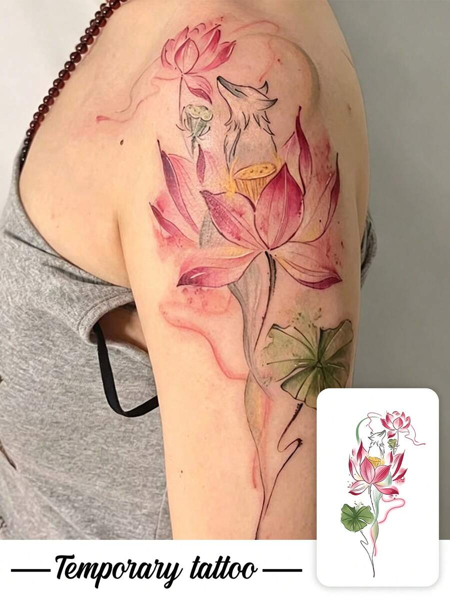 1pc Traditional Chinese Ink And Powder Pattern Lotus And Spirit Fox Temporary Tattoo Sticker, With Realistic Tattoo Design. Suitable For Travel, Music Festivals, Games, Graduation Gifts. Lasts For 3-5 Days. - Multicolor - View 1