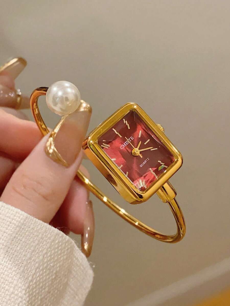 1件女款橢圓形銀色黑色方形金屬錶盤石英休閒手錶,適合日常佩戴 - 紅色 - 查看 1
