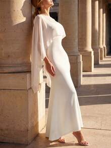 Perirose Elegant Women's Long Dress, Cape Sleeve Square Neck Solid Color Flowy Chiffon - White - View 8