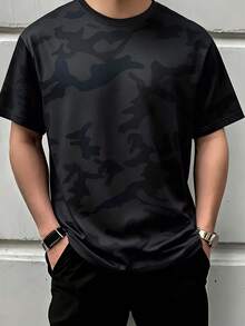 Camouflage Summer T-Shirt For Men, Black & Gray Camo Design, Versatile Daily Wear Short Sleeve Sports - Black - View 1