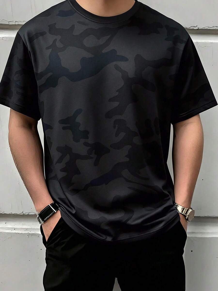 Camouflage Summer T-Shirt For Men, Black & Gray Camo Design, Versatile Daily Wear Short Sleeve Sports - Black - View 1