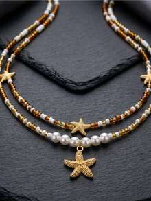 2pcs Bohemian Versatile Starfish Pearl Seed Bead Woven Women's Beaded Necklace, ABS Faux Pearl Choker Necklace, Daily & Vacation Style - Multicolor - View 3