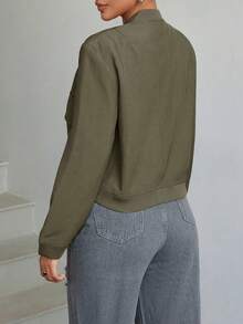 Apperloth A Women's Short Bomber Jacket, Flap Pockets, Button Front, Lightweight Loose Baseball Collar Coat - 軍綠色 - 查看 2