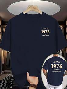 Camiseta de hombre de doble cara con estampado de inspiración vintage, con un pequeño en el pecho y grandes números en la espalda que conmemoran el año de nacimiento HECHO EN 1976. Un - Blanco - Ver 1