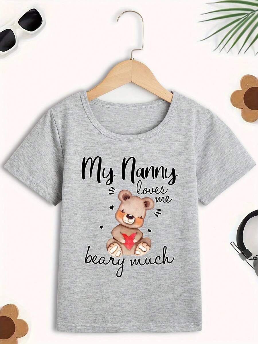 My Nanny Loves Me So Much, Printed T-Shirt For Kids, Cute Bear Graphic Tee For Little Girls, Casual Summer T-Shirt With Short Neck And Short Sleeves. - 灰色 - 查看 1