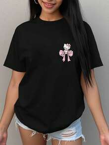 vestidos para graduación de  y verano con estampado para mujer, ropa casual y moderna versátil para el hogar con cuello redondo, con un diseño de Hello - Negro - Ver 1