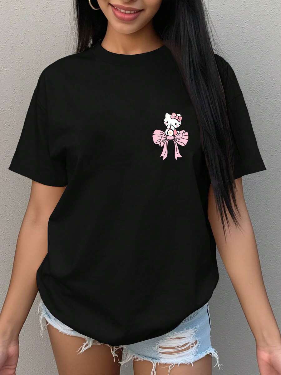 vestidos para graduación de y verano con estampado para mujer, ropa casual y moderna versátil para el hogar con cuello redondo, con un diseño de Hello - Negro - Ver 1