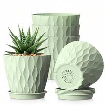 5er Set 15 cm Weiße Kunststoff Blumentöpfe mit Untersetzern und Abflusslöchern, 3D Wellenstruktur Übertöpfe für Sukkulenten, Kräuter, Efeutute, Fensterbank, Balkon, Büro und klare Home Garden Deko - 5 Stück, 10 cm Durchmesser - Übersicht 12
