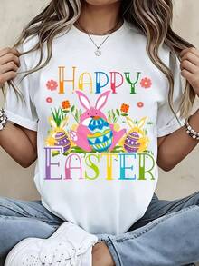 Happy Easter T Camiseta White Rabbit And Eggs estampado For Spring Holiday Celebration - Blanco - Ver 2