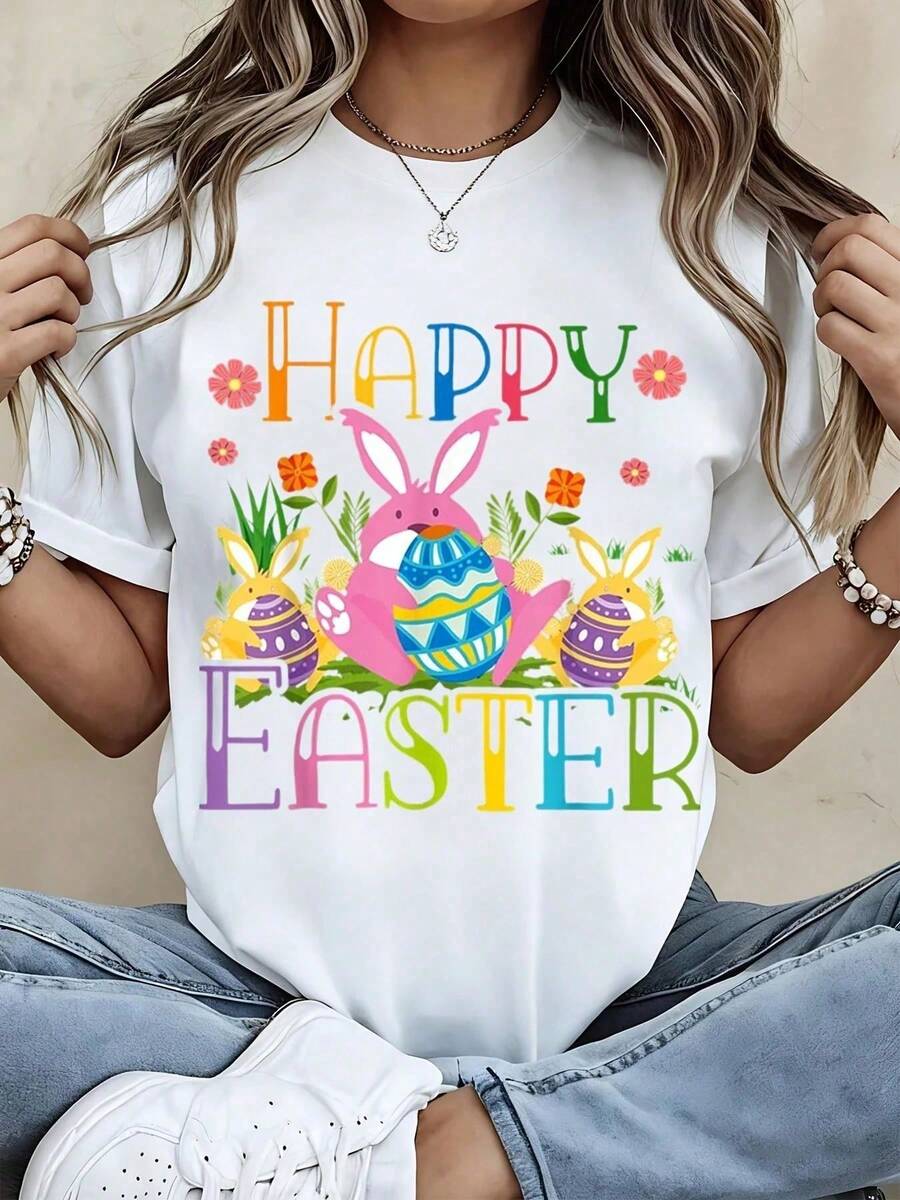 Happy Easter T Camiseta White Rabbit And Eggs estampado  For Spring Holiday Celebration
