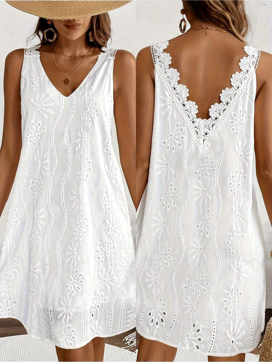 Un vestido de encaje sin mangas con cuello en V para mujer, perfecto para ropa casual de verano.Este vestido presenta adornos de encaje en contraste y está hecho de tela ligera y trans - amarillo ganso - Ver 1