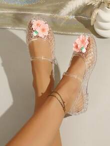 Women's Transparent PVC Floral Mary Jane Jelly Shoes, Hollow Breathable Flat Sandals, Pink Flower Decor, Suitable For Beach And Summer Daily Wear - White - View 1
