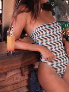 Damen gestreifter Patchwork Bandeau Badeanzug, geeignet für Strandurlaub, Pool-Party, Strandparty im Sommer - Verschiedenfarbig - Übersicht 1