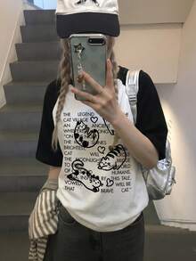Y2K可愛天使女孩卡通印花落肩袖T恤，亞文化辣妹風百搭女款白色休閒夏季上衣 - 白色 - 查看 4