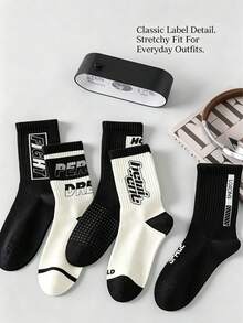 1/3/5 Pairs American FIGHT Letter Contrast Print 4-Way High Elastic Ribbed Men's Mid-CalfSocks, Breathable Moisture-Wicking Odor-Resistant Cushioned Durable Sports Socks, Street Hip-Hop Basketball Skateboard Fitness Jogging Sweatpants Jeans Casual Socks - Multicolor - View 6