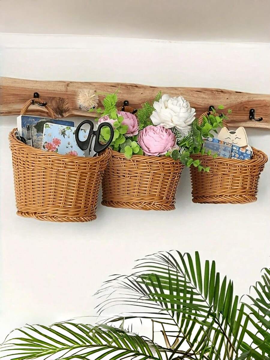 Plastic Woven Basket Kitchen Ginger Garlic Storage Basket Vintage Wall-Mounted Kitchen Utensil Storage Basket Handheld Decorative Small Flower Basket Mini Woven Basket Fruit Vegetable Basket Home Organization Storage Kitchen Utensils - Brown - View 1