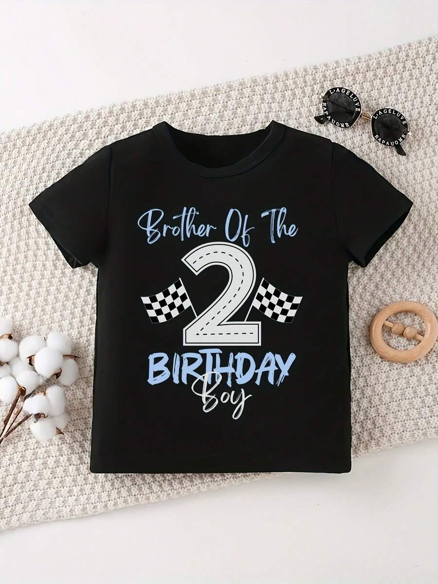2-Year-Old Boy's T-Shirt With Racing Car Flag Design, 2-Year-Old Boy's Brother T-Shirt, Best Birthday Gift For Kids, Kawaii Clothes For Toddlers - 酒紅色 - 查看 1