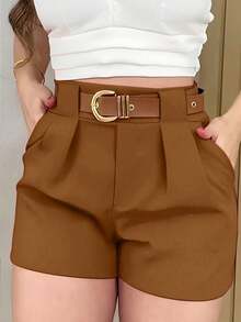 Women's Solid Color Loose Casual Shorts With Pockets And Pleats - 米色 - 查看 1