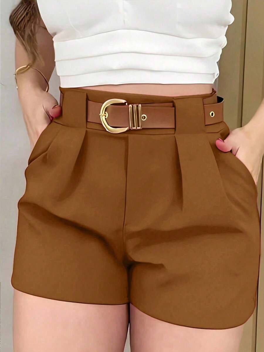 Women's Solid Color Loose Casual Shorts With Pockets And Pleats - 米色 - 查看 1