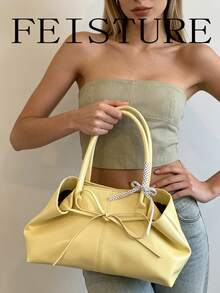 FEISTURE 1pc Solid Color Buckle Shoulder Bag, Fashionable Handheld Tie Bow Tote Bag, Suitable For Girls, Women, College Students, New Professionals And White-Collar Workers, Perfect For Work, Business, Commuting, School - Yellow - View 5