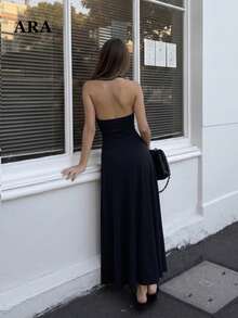 ARA CHIC Women's Black Mesh Patchwork Halter Neck Backless Dress, Fitted Bust Flared Midi Dress, Suitable For Night Out And Party Wear - Black - View 1