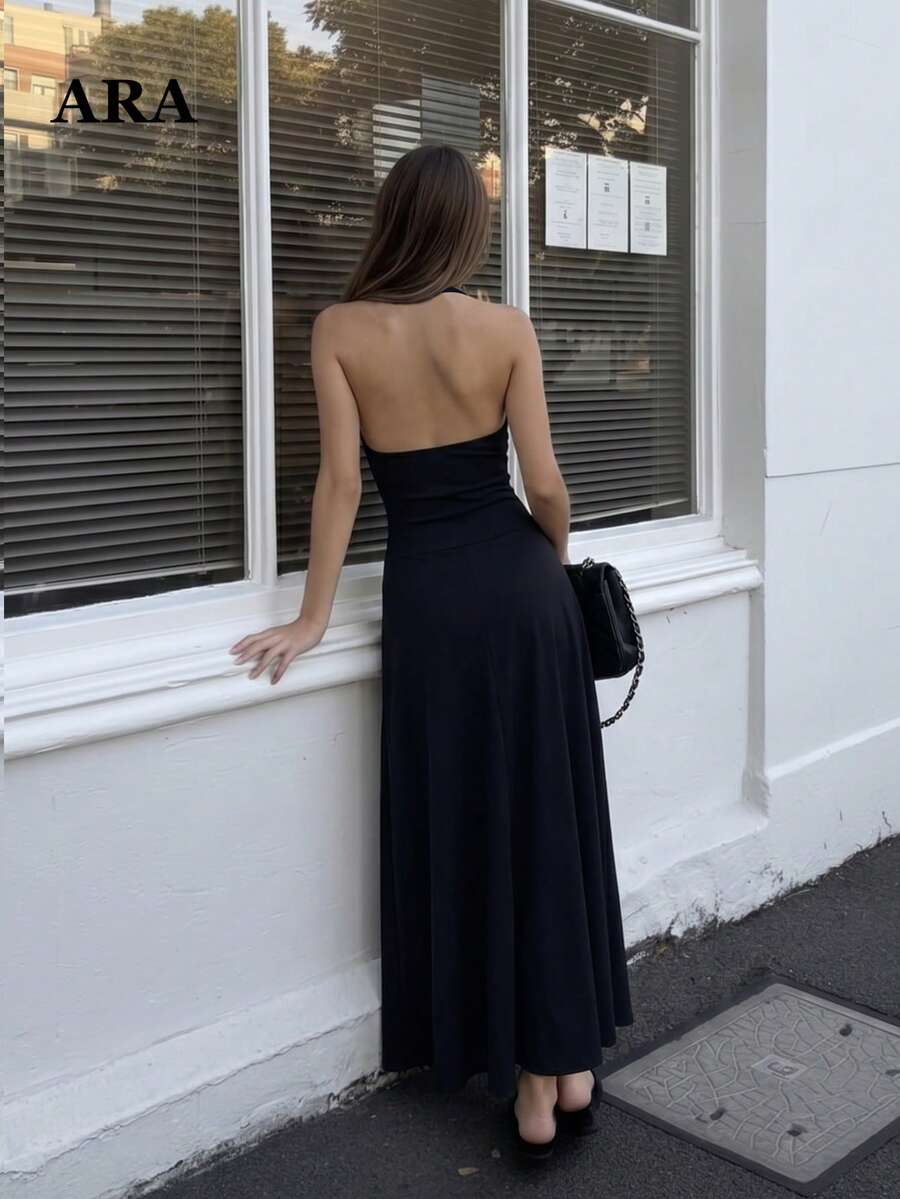 ARA CHIC Women's Black Mesh Patchwork Halter Neck Backless Dress, Fitted Bust Flared Midi Dress, Suitable For Night Out And Party Wear - Black - View 1