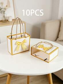 10個/組迷你紙製禮品袋附蝴蝶結緞帶，尺寸14X12X6CM，粉紅色，附提把，適用於嬰兒派對、婚禮、生日，可用作伴手禮或禮品袋 - 金邊+香檳色蝴蝶結 - 查看 10