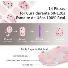 Pegatinas de Uas, 14Pzs Tiras de Uas de gel Semicuradas de Color con Luz/ Uas Pegatinas de Gel para Arte con Lima de Uas, Almohadilla de Preparacin y Palo de Madera - Floral rosa - Floral rosa - Ver 5