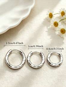 YUNCHUN 1 Pair Minimalist Square Textured Silver Circle Earrings, Stainless Steel Material, Versatile Daily Commute Ear Jewelry - Silver - View 7