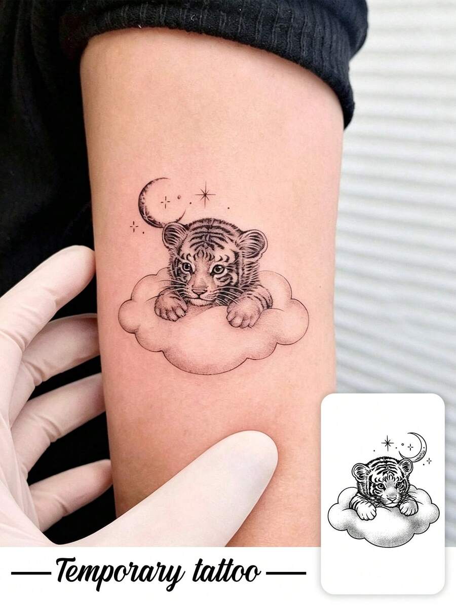 1片插畫風雲中虎藝術紋身貼紙,適合星空夜景,模擬紋身設計,適用於旅行、音樂節、遊戲、畢業禮物,可維持3-5天 - 黑色 - 查看 1