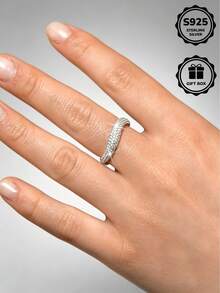 1pc S925 Sterling Silver Inlaid Synthetic Zirconia Sparkling Ring, Daily Wear Valentine's Day Gift Essential, Comes With Gift Box. - Silver - View 9