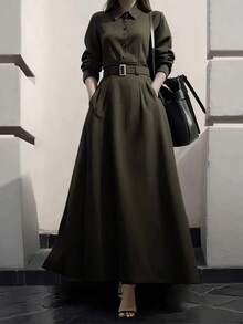 Vestido largo con botones delanteros, bolsillos y cinturón de unicolor elegante para primavera - Verde militar - Ver 1
