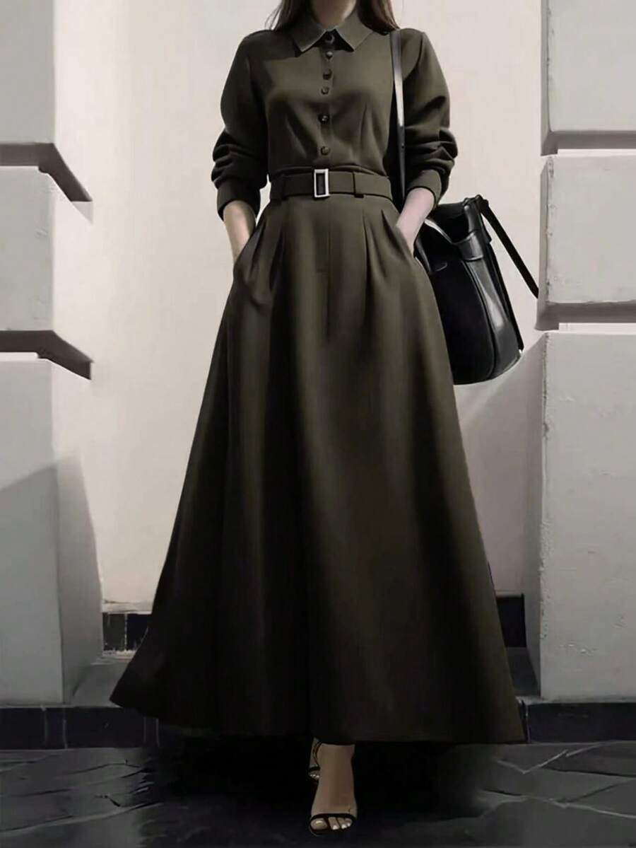 Vestido largo con botones delanteros, bolsillos y cinturón de unicolor elegante para primavera - Verde militar - Ver 1