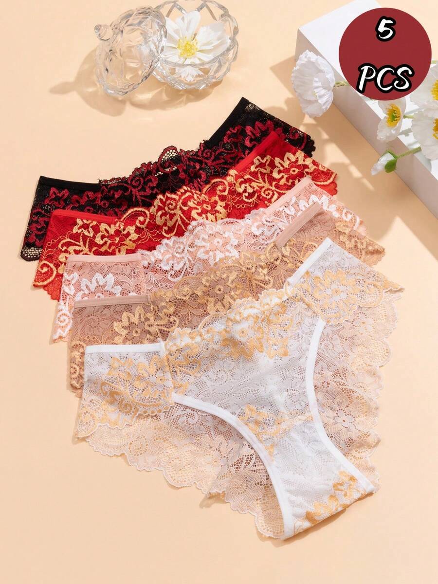 5pcs/Pack Celana Dalam Wanita Seksi Tanpa Jahitan Dua Warna dengan Motif Renda, Elastis, Bernapas, Nyaman, dan Ramah Kulit, Model Segitiga - MultiWarna - View 1