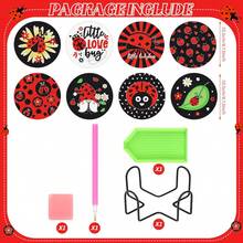 7-Star Ladybug 8pcs DIY Diamond Painting Coaster Set, Round High-Gloss Rhinestone Surface, Firm Adhesion With Complete Tool Kit, Easy For Beginners, Stress-Relieving Craft, New Year Spring Festival Valentine's Day Christmas Teacher's Day Holiday Gift, Heat-Insulating Decorative Coasters For Dining Table And Coffee Table, Gift For Family, Friends, Besties, Teachers - Multicolor - View 3