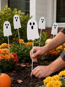 6pcs Halloween Ghost Garden Decor Stakes, Autumn Harvest Garden Signs, White Little Ghost Fall Yard Decor Stakes, Outdoor Decoration, Suitable For Halloween, Harvest Thanksgiving Home Lawn Porch Holiday Front & Backyard Decor, Garden Decor Stakes, Halloween Table Centerpiece Bouquet Decor, Flower Pot Decor, Halloween Decoration - White - View 10