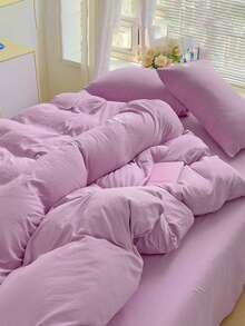 Blue And White Color Block Washed Polyester Skin-Friendly Duvet Cover 3 Pieces Set - Mauve Purple - View 5