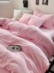 Blue And White Color Block Washed Polyester Skin-Friendly 3 PiecesDuvet Cover Set - Baby Pink - View 5
