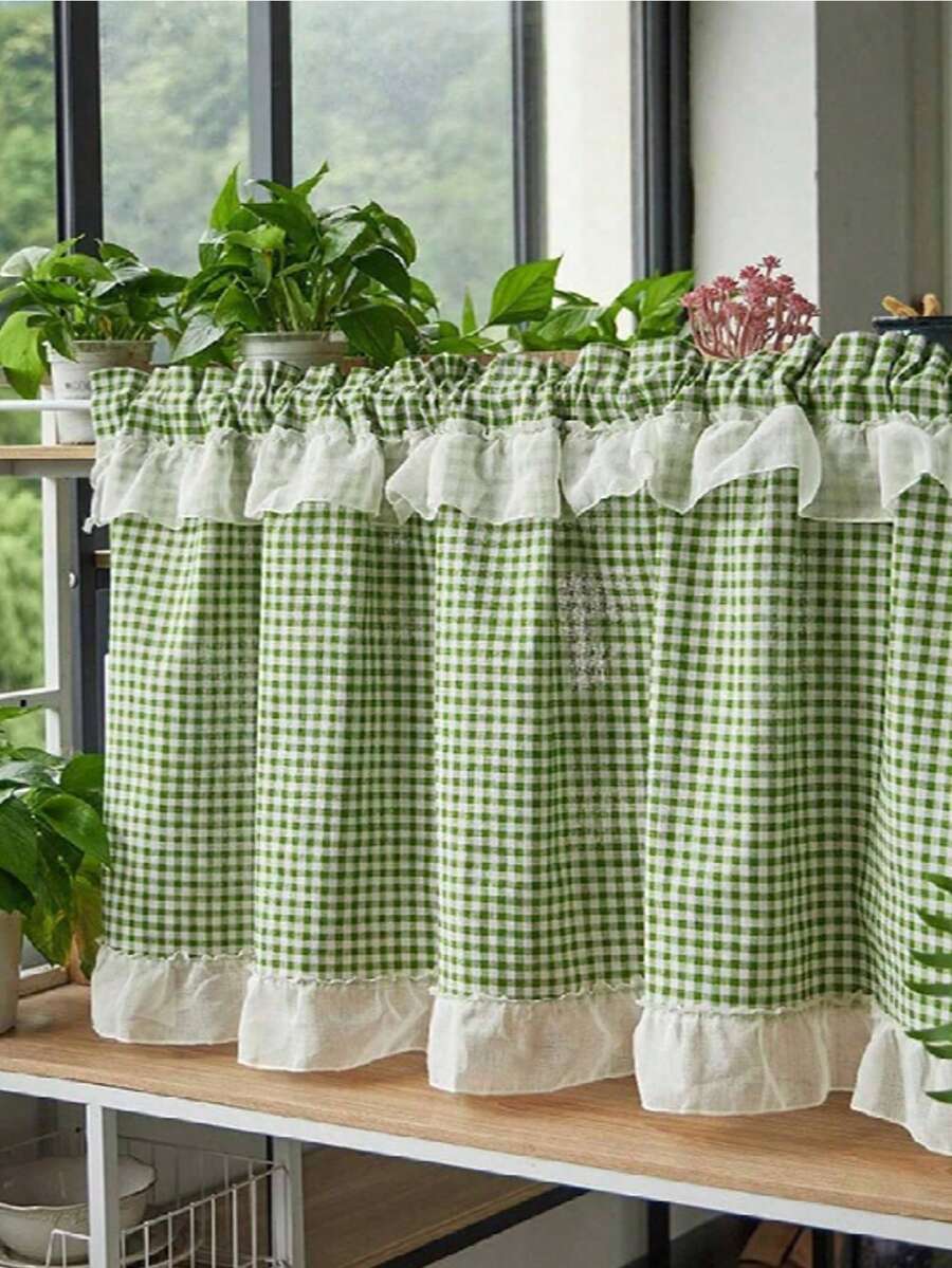 1 pieza Tela a cuadros clásica y fresca de varios colores, cortina de ventana de cocina, cortina corta universal para todas las estaciones - Verde - Ver 1