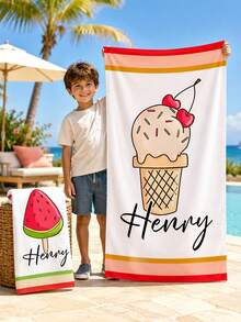 1pc Personalized Children's Beach Towel With Customizable Name, Perfect Summer Birthday Gift, Suitable For Various Summer Occasions. Beach Towel And Accessories, Ideal For Beach, Swimming Pool, Travel, Camping, Yoga And More. - Multicolor - View 7