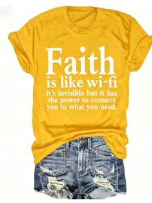 Women Christian Faith Letter Print T-Shirt, Faith Is Like Wi-Fi Graphic Round Neck Short Sleeve 100% Cotton Summer Top, Plus Size All Season - 黃色2 - 查看 1