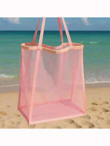 1/2 Pcs Large Capacity Mesh Beach Tote Bag - Durable Polyester, Solid Color With Sturdy Handle, Suitable For Travel, Beach, Vacation And Camping, Beach Tote Bag, Multi-Functional Storage Solution, Sturdy Handle Design - Multicolor - View 3