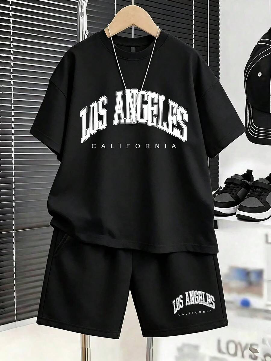 2 pièces/Set T-shirt et short décontracté pour garçons, style sportif minimaliste et nouveau, convient pour le port quotidien en été - Noir - Voir 1