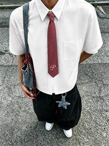 男士 Y2K 夏季短袖襯衫 + 黑色工裝短褲 2 件套，適合日常、旅行、街頭、海灘度假，父親節禮物，黑白配色 - 白色 - 查看 1